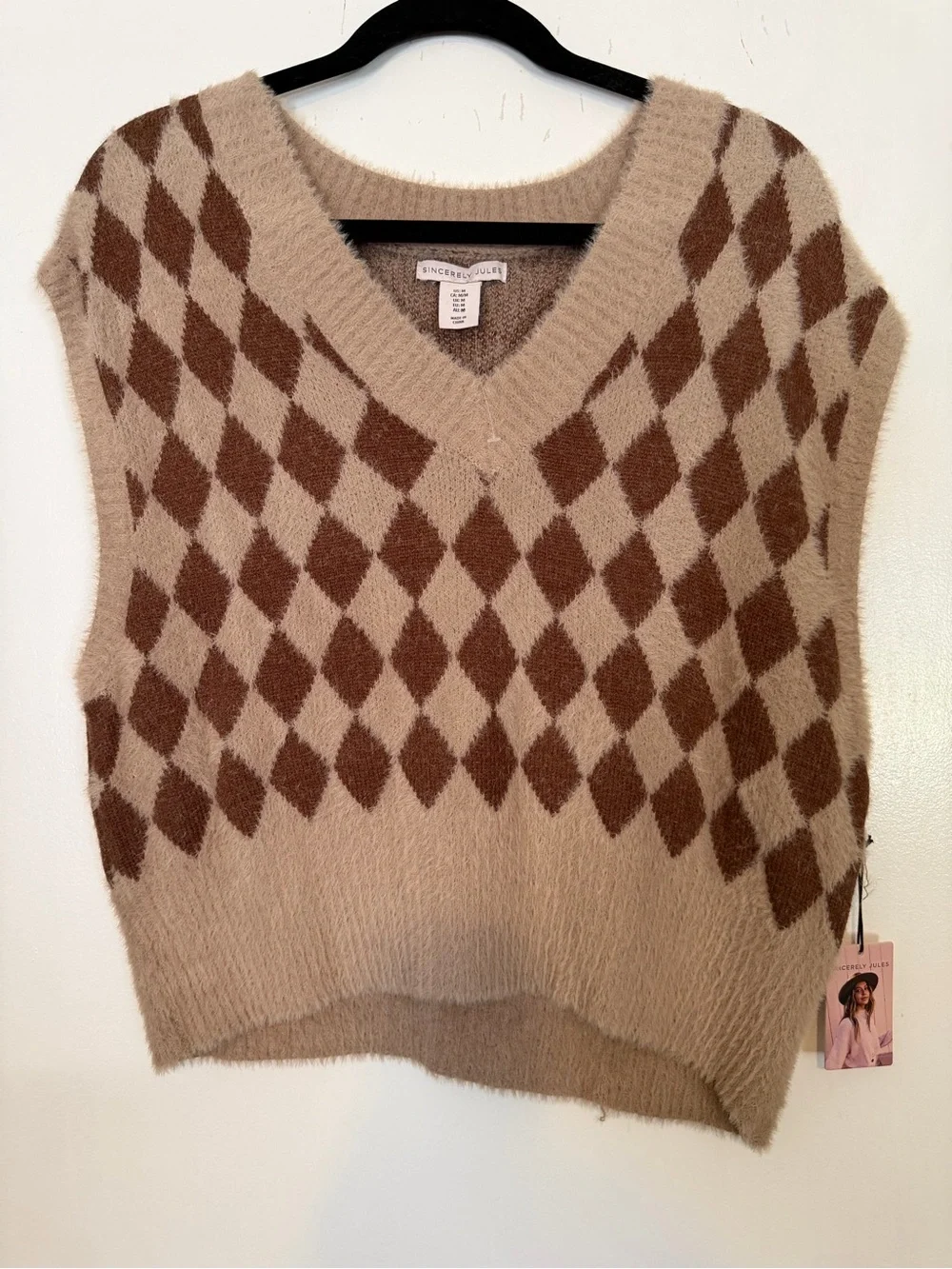 Sincerly Jules | Argyle V-Neck Sweater Vest in Beige and Brown
